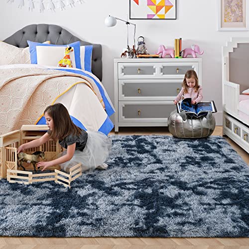 Iseau Super Soft Rugs For Living Room Shaggy Area Rug, 5X8 Feet Tie-Dye Shaggy Area Rug Fluffy Rugs For Bedroom, Non-Slip Abstract Fuzzy Rugs Dorm Shag Rugs For Girls Boys Kids Room, Dark Blue #TOP5