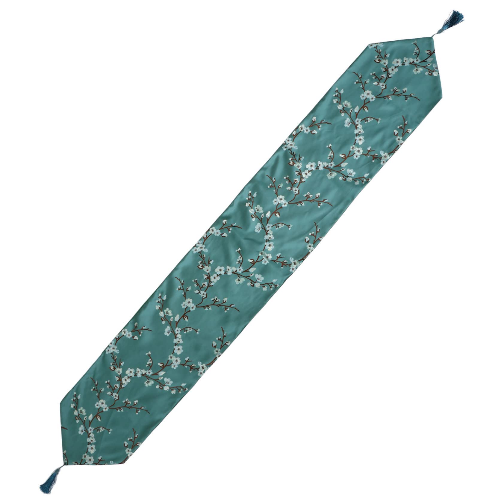 Chemin de table fleur de prunier 33x210 cm avec pompons pour décor de mariage et banquet