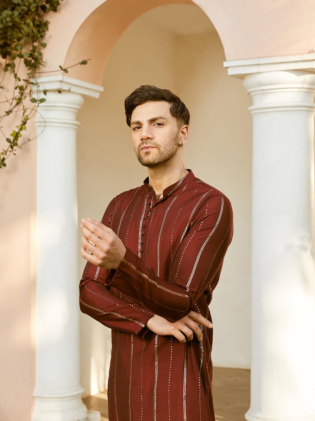 See Designs Men Full Sleeve Maroon And Gold Chanderi Silk Sequins Mandarin Collar Side Slit Kurta With Pyjama - Sdkt243401S