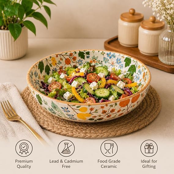 Image of Niyara Stoneware Handmade Ceramic Stylish Premium Serving Bowls /Salad Tray Microwave Dishwasher Safe (Premium Orange Floral Print Bowl Set of 2)