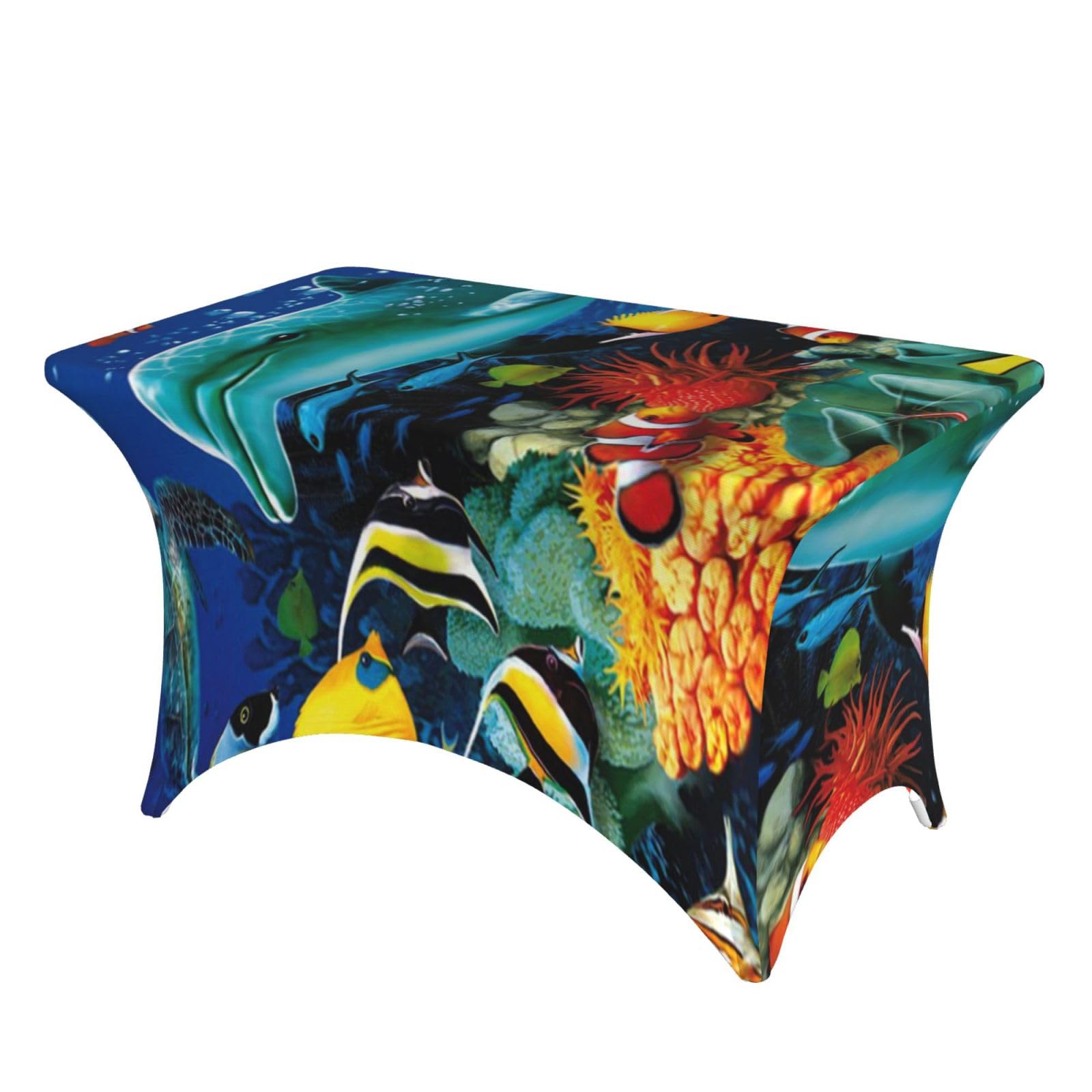 Dcehgew Tropical Fish Dolphin Coral Undersea 4Ft Spandex Rectangular Table Cloth, Printed Fitted Elastic Tablecloths Washable Table Cover For Event, Wedding, Banquet & Party