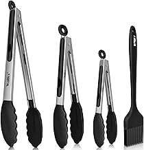 Walfos Set de 4 pinces de cuisine résistantes à la chaleur - Poignée en acier inoxydable et embouts en silicone antiadhésif, brosse en silicone de 21 cm - Pour la cuisine, le buffet,18, 23, 30,5 cm