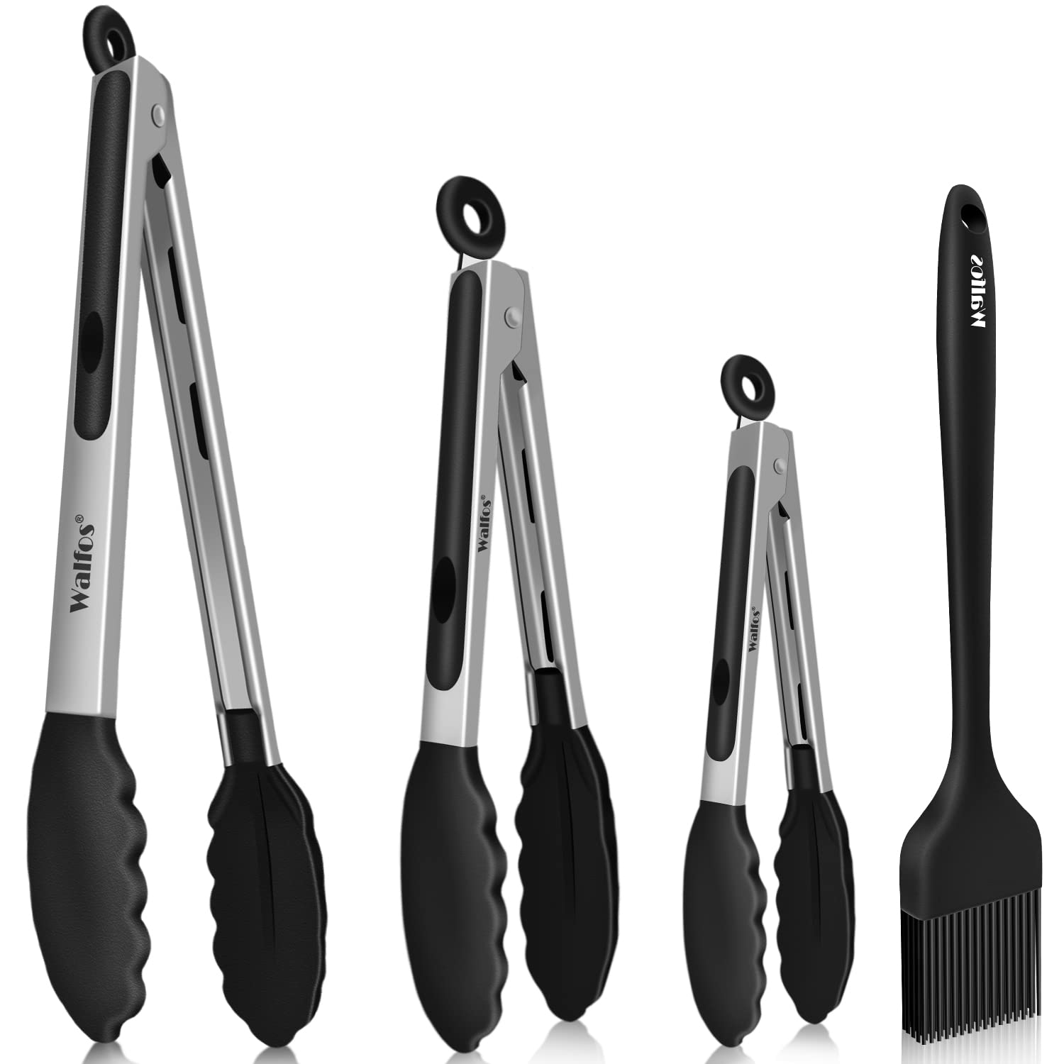 Walfos Set de 4 pinces de cuisine résistantes à la chaleur - Poignée en acier inoxydable et embouts en silicone antiadhésif, brosse en silicone de 21 cm - Pour la cuisine, le buffet,18, 23, 30,5 cm