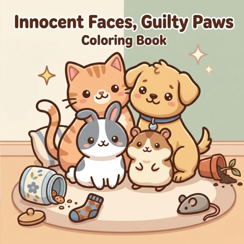 Innocent Faces, Guilty Paws Coloring Book: Cute and Hilarious Pet Mischief Scenes with Cats, Dogs, Bunnies, and Hamsters for Kids 6+ and Adult
