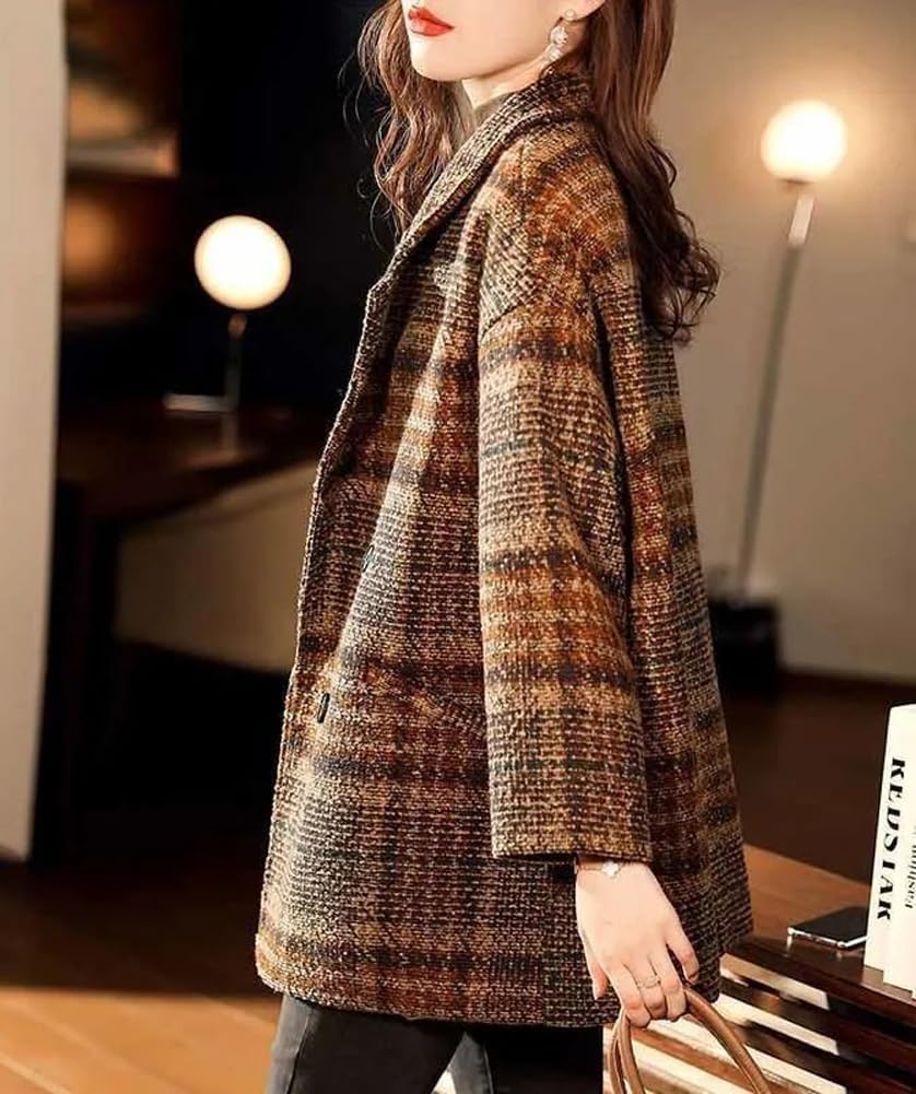 Cappotto Scozzese Invernale da Donna Giacca Blazer Doppiopetto con Risvolto Elegante con Tasche Giacca Formale Giacca Blazer Divisa con Risvolto Casual
