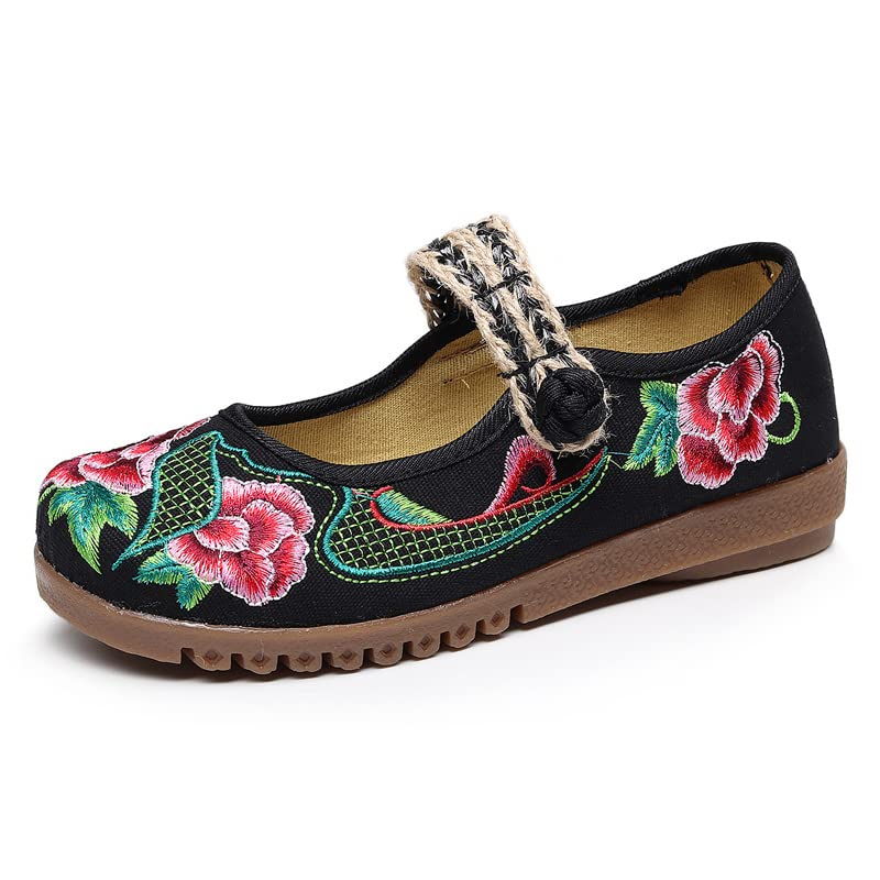 Dear Time Women's Embroidered Flower Cloth Flat Shoes Ethnic Chinese Style Round Toe Mary Jane Ballet Oxfords Shoes