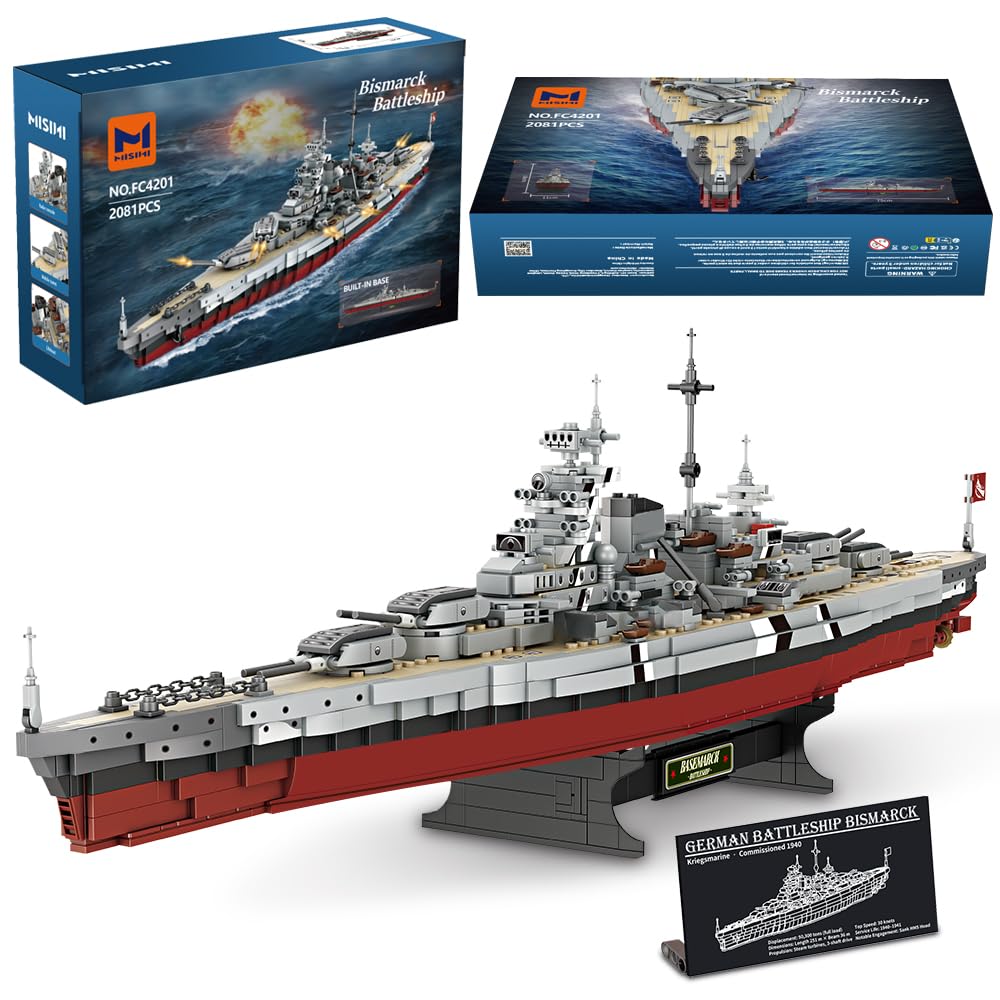MISINI Technik FC4201 Deutsches Schlachtschiff Bismarck klemmbausteine, 2081 PCS/MOC Groß WWII Deutsches Militär Kriegsschiff Marine-Schlachtschiff Modell für Erwachsene