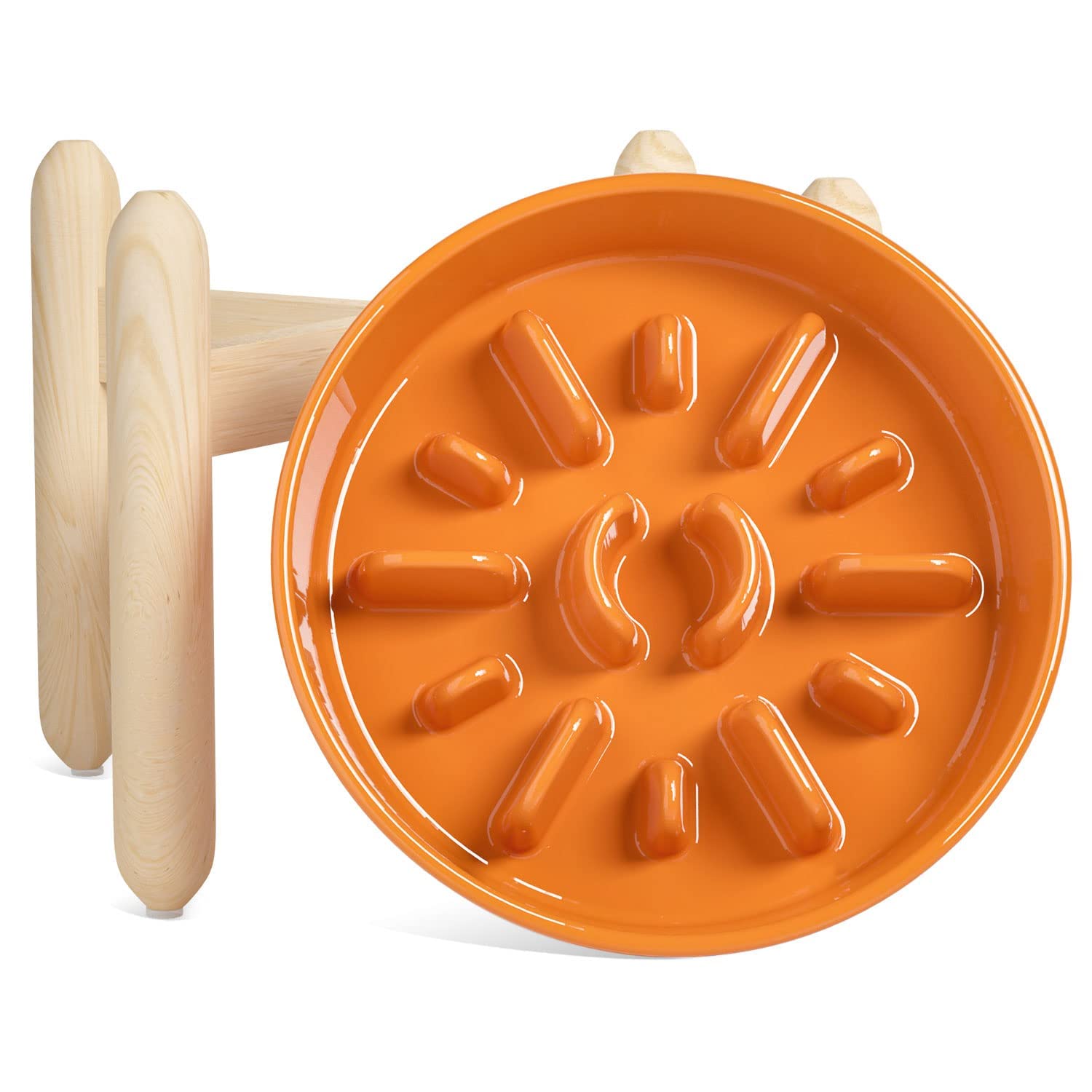 LE TAUCIElevated Dog Bowls Slow Feeder, 3 Cups Raised Dog Bowl with Wooden Stand for Medium Large Breed, Dog Dishes to Slow Down Eating, Puzzle Dog Food Bowl,Sun Orange