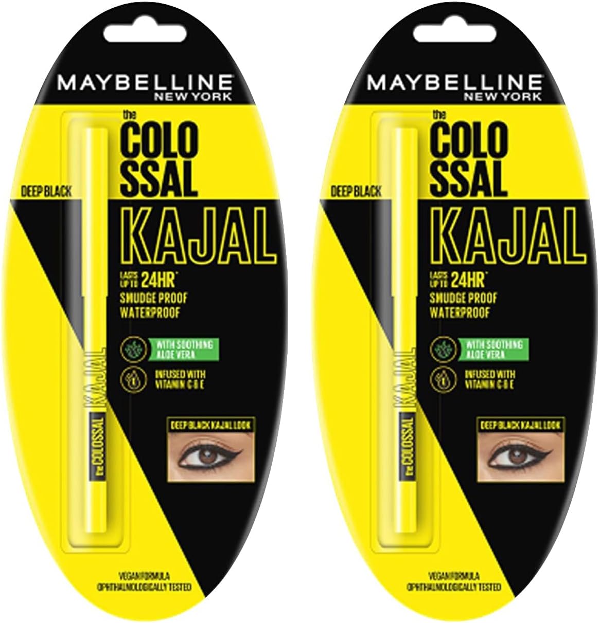 Maybeline New York Colossal Kajal Dark Black Waterproof Kajal, 24 Hour Stay Kajal, 0.35 g, Pack of 2