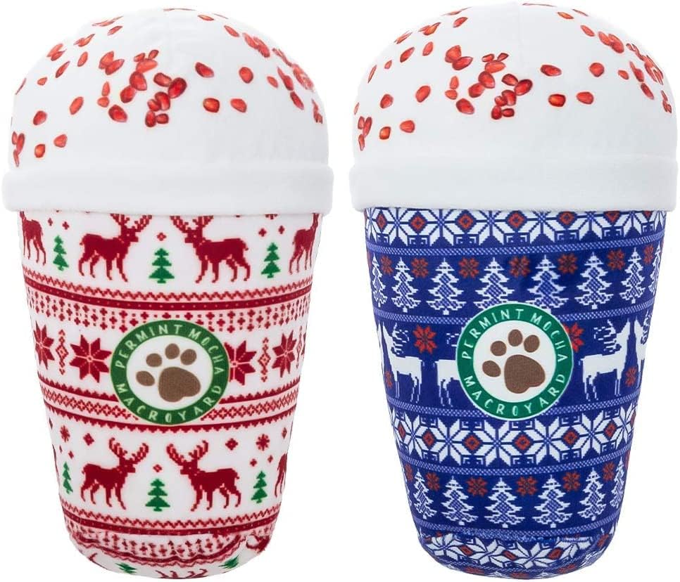 Christmas Squeaky Dog Toy - 2 Pack Coffee Series Interactive Plush Toys for Small Medium Dogs