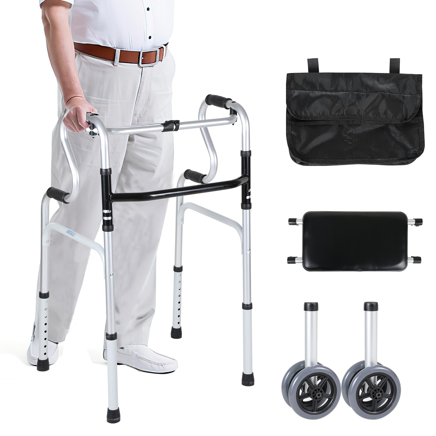 Deambulatore pieghevole 2 ruote girevoli, supporto camminare, regolabile altezza, alluminio, antiscivolo, stabile, fino a 180 kg, argento
