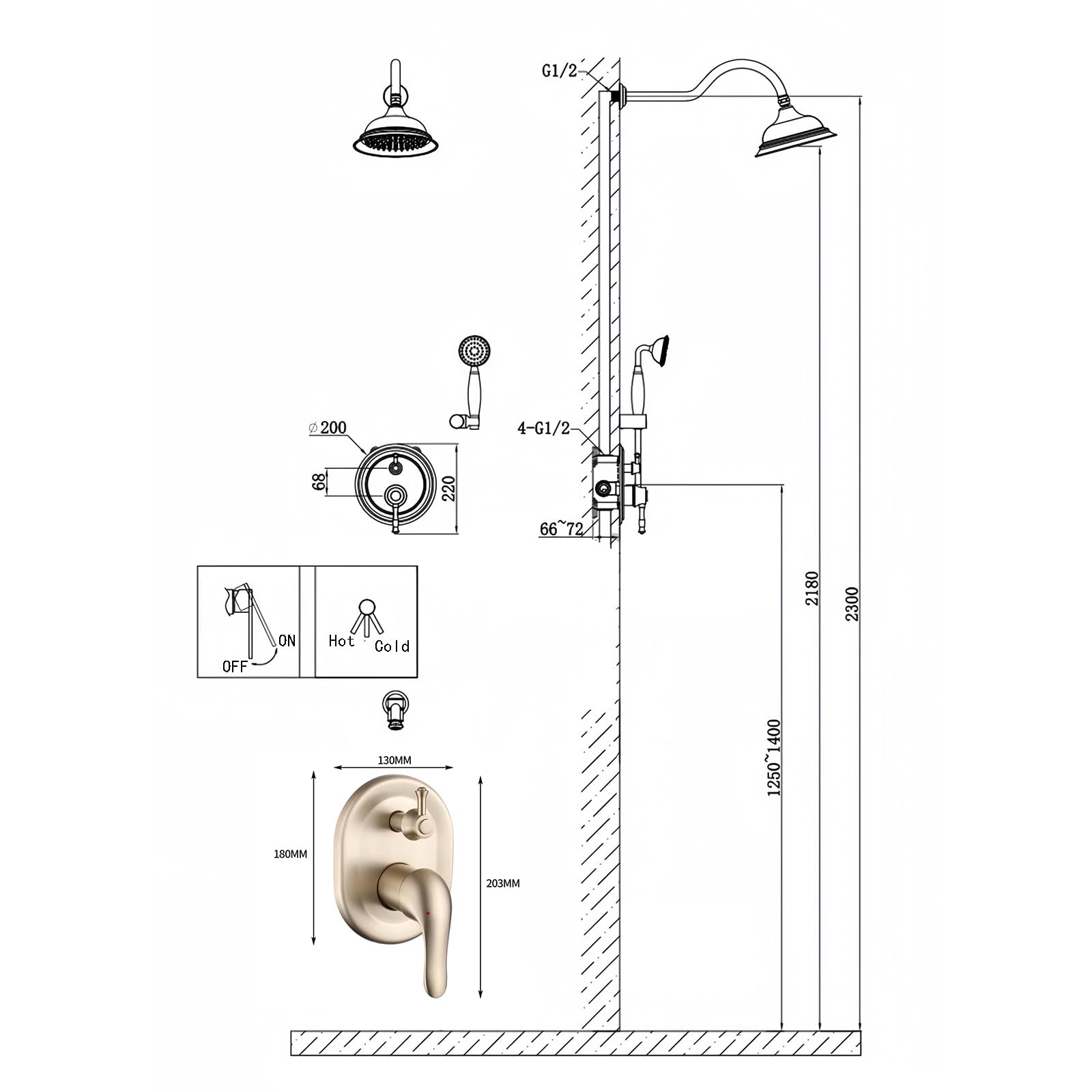 XJTNLB Miscelatore Doccia Monocomando Incasso 2 Vie Soffione Doccia Rotonda a Parete con Doccetta,Oro Spazzolato