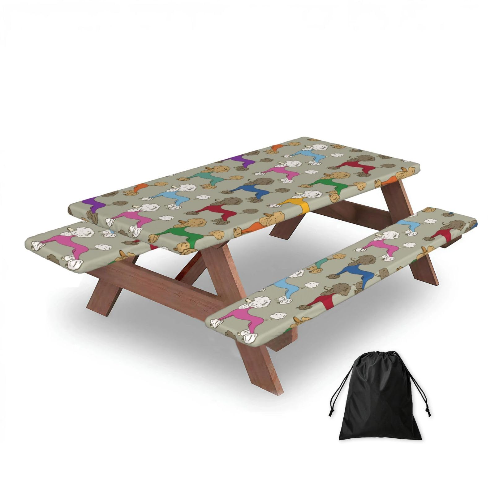 Dopklna As Picture Funny Cartoon Colorful Poodle, Picnic Table Cover With Bench Covers -Waterproof Elastic Fitted Tablecloth For Garden Camping Patio 76X152cm