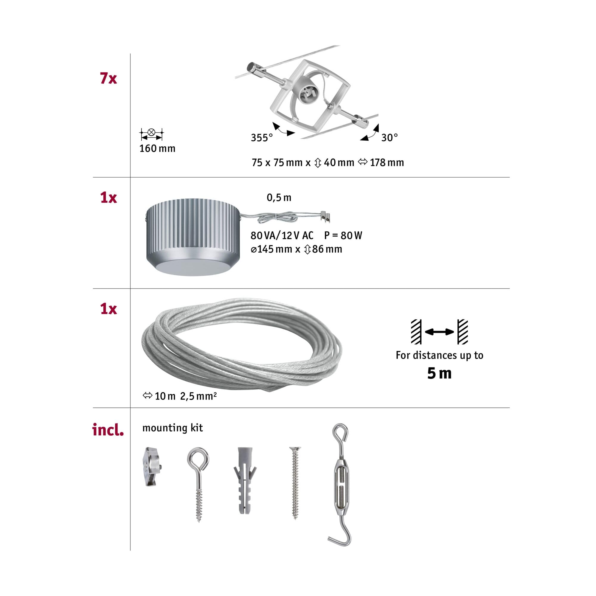 Paulmann Set Mac II Sistema de Cableado, Corduo, Corriente Continua, Máx. 7x10 W, Sistema de Cable Metálico Cromo Mate, Foco de Techo, de Plástico Para Bombilla GU5,3 Bombillas No Incluidas, 94152