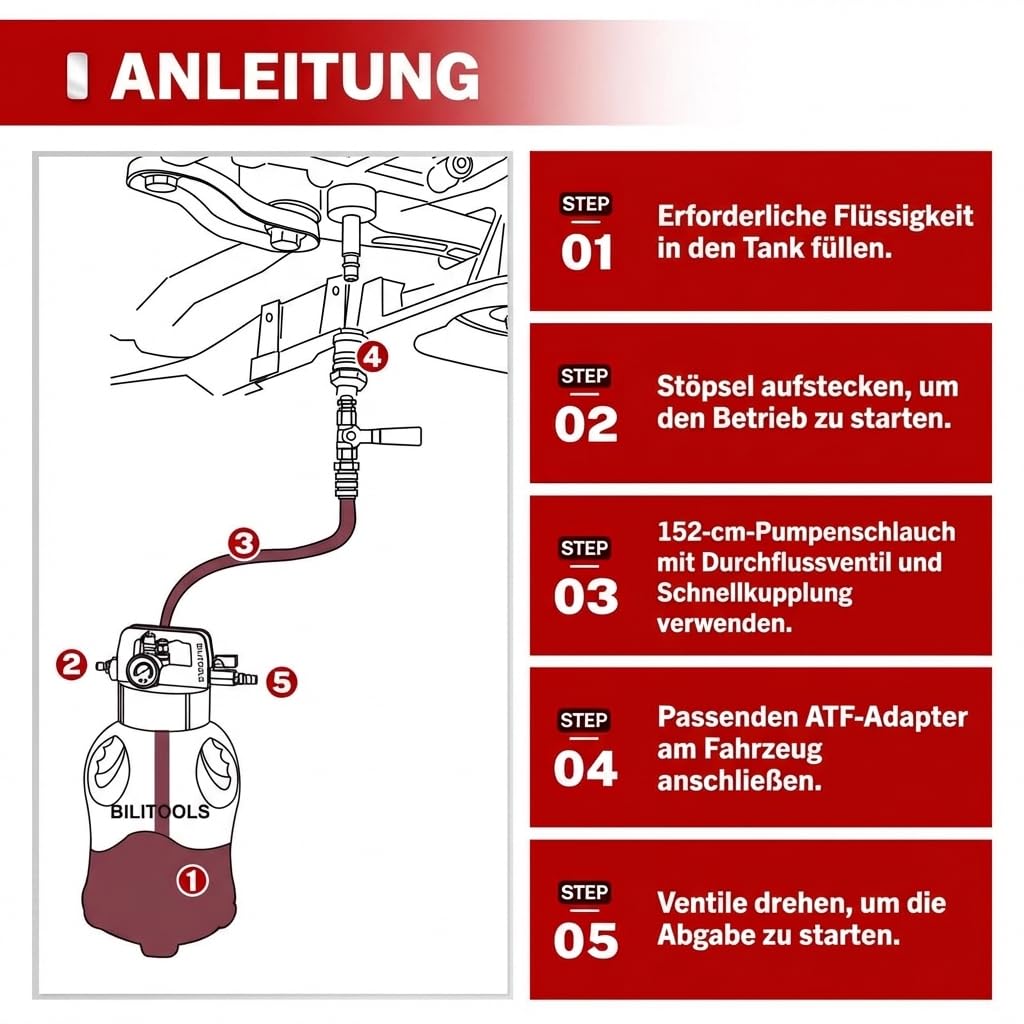 BILITOOLS Getriebeöl-Einfüllgerät Druckluft, Pneumatische Getriebeölpumpe | 8L automatisch Getriebeölwechsel Set zum Befüllen & Absaugen mit 15 ATF-Adaptern