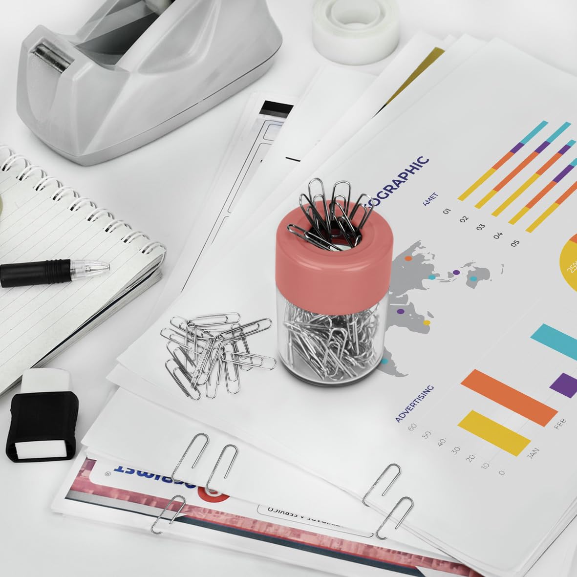 Acrimet Magnetischer Büroklammer-Spender, rundes Design, 100 normale Büroklammer-Kapazität (transparenter Kristallboden/rosa magnetischer Deckel) (2 Stück)