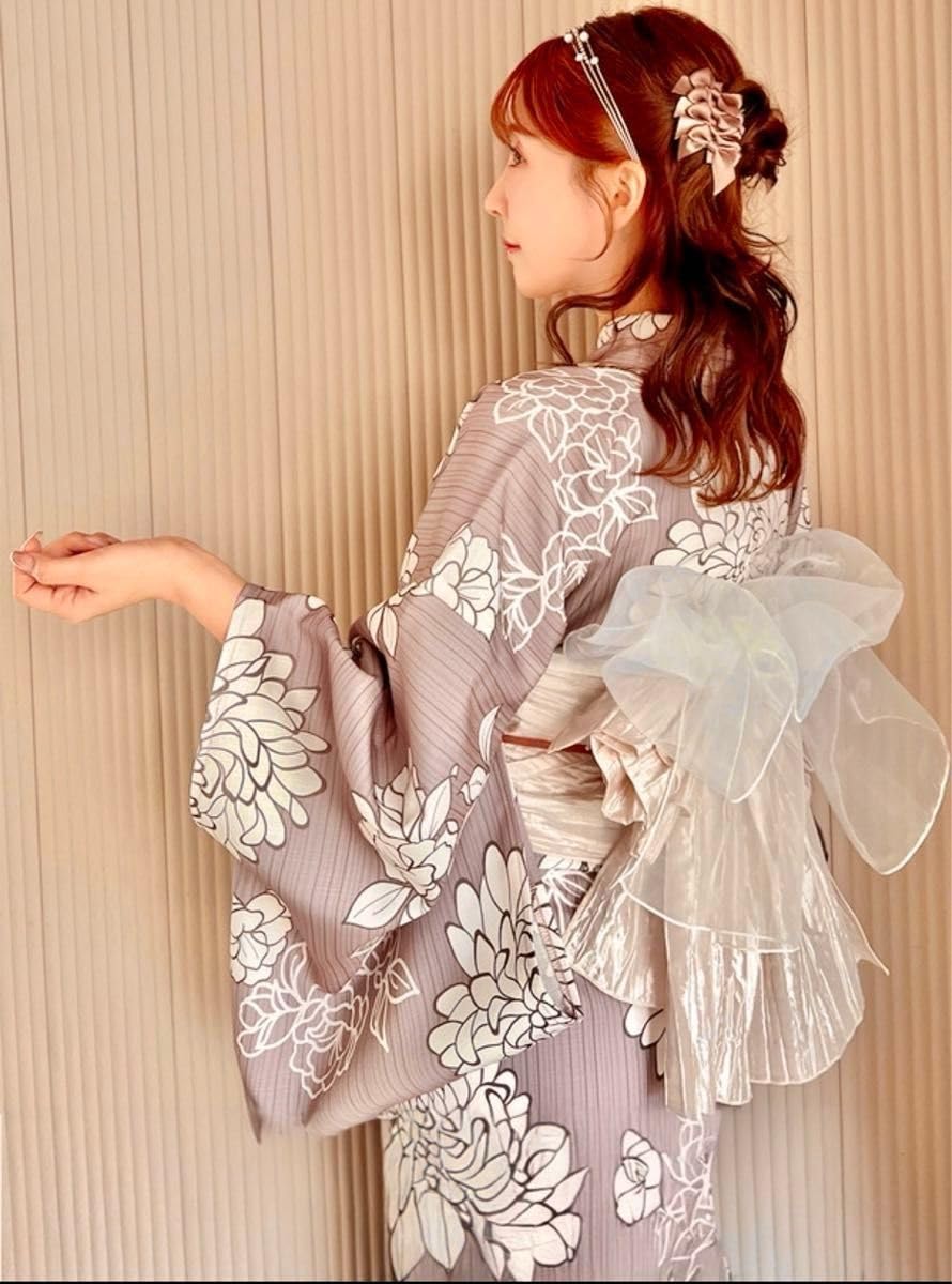 GRL Gray Yuya Mikami Striped Dahlia Yukata Set, Pink Brown, Yukata