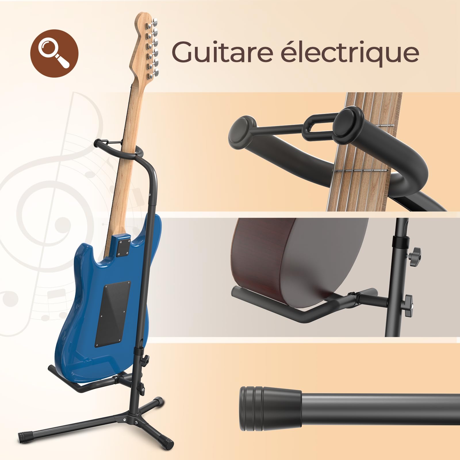 GLEAM Support pour guitare - Ajustable pour guitares électriques, classiques et basses, Capacité de charge : 9 kg, Accessoires, Type pliable Noir (CG-4)