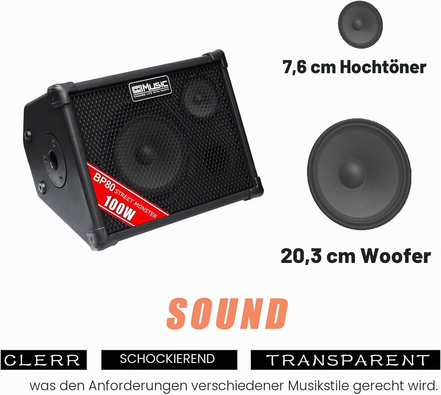 BP80 Batteriebetriebener Akustikgitarren-Verstärker, tragbarer Bluetooth-Lautsprecher, 100 W, 6 Eingänge, 3-Band-EQ, Schwarz