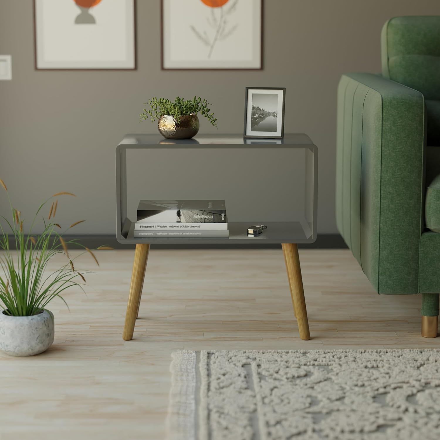 Bookcase Nightstand | End Table, Bed Side Table for Small Spaces | Magazine Stand with Storage Engineered Wood | Wooden Bedside Table, Coffee Table, Living Room/Bedroom (Grey)-image-46