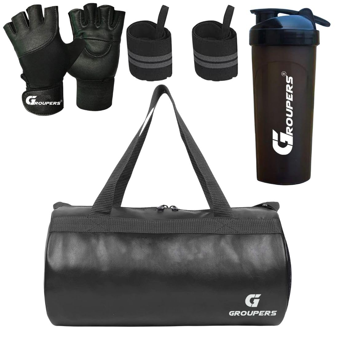 Gym Bag Combo 20–25L – Black Sports & Travel Duffel (43×25×23 cm) + 700ml Shaker, Workout Gloves & 21" Wrist Wraps, Gym Kit & Fitness Essentials for Men & Women