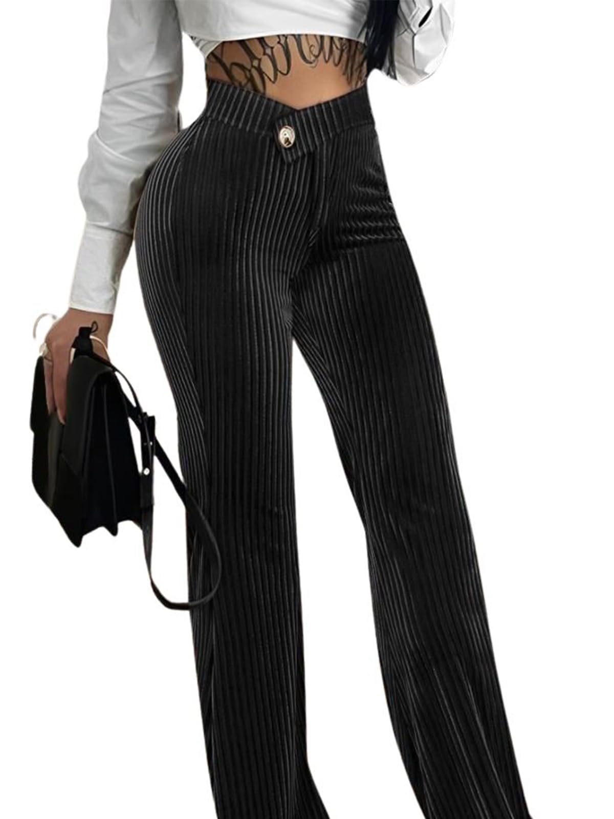 utcoco Flare Velvet Pants for Women Button High Waisted Bell Bottom Pants Ribbed Slim Fit Trousers