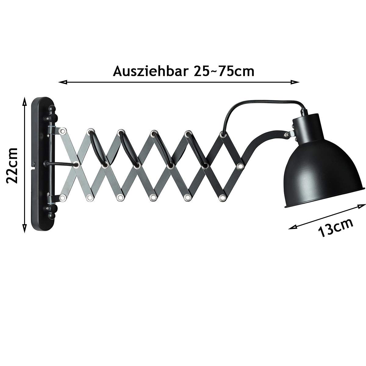 Schlafzimmer Industrie Wandleuchte mit Schalter, Metall Ausziehbare Scherenarm Innen Ausrichtbare Vintage Schwarze Wandlampe Kipp-am Kabel (1,5m lang) mit Stecker E27-Fassung, Max. 60W