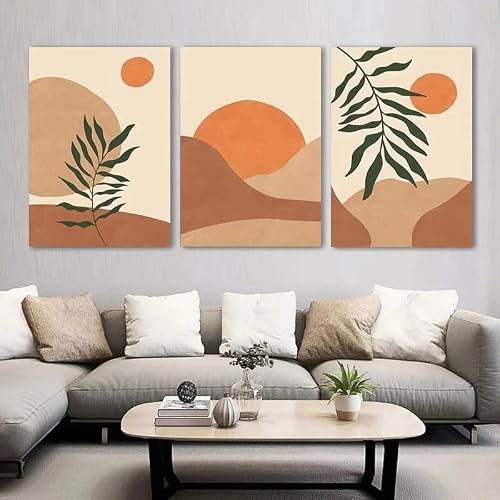 WBYZAC Botanical Posters-Abstract Orange Boho Wall Art Canvas Painting Nordic Minimalist Leaves Sunset Posters Pictures for Living Room Kitchen Home Decor-60 * 80cm*3PCS (No Frame)
