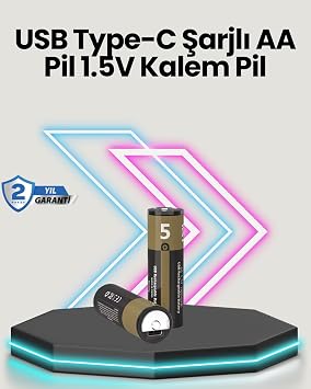 YamanHobi, Y ksek Performansl  AA USB  arjl  Lityum Pil | 1.5V Sabit G  | 2 li Paket