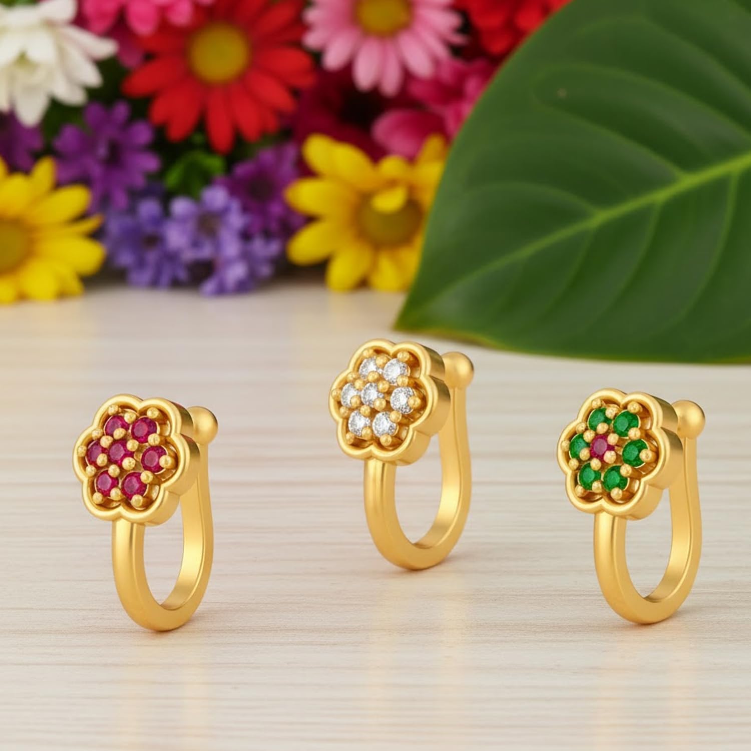 VAMA 3 Pcs Combo Pressing Nose Pin Stud Non Piercing Clip On Gold Nose Ring Without Piercing For Women