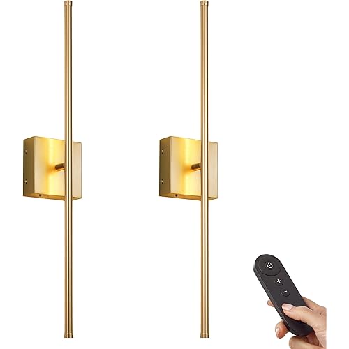 Battery Operated Wall Sconces with Remote Control, Dimmable Wall Sconces Set of Two, 350°Rotate, 3000K LED Gold Wireless Wall Light for Living Room, Hallway, Bedroom, 28.3 Inch (2 Pack)