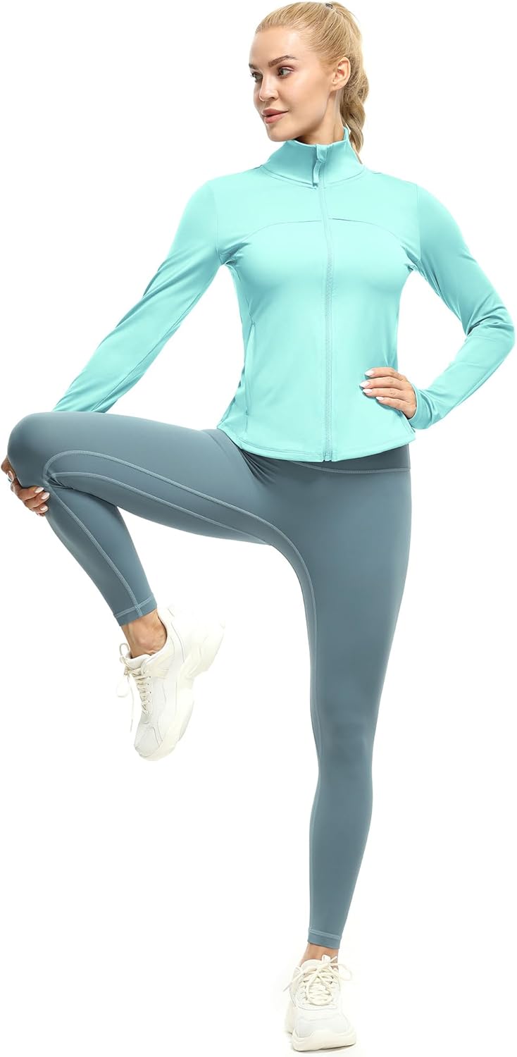 icyzone Women's Zip Up Athletic Workout Gym Running Yoga Jackets with Thumb Holes & Pockets