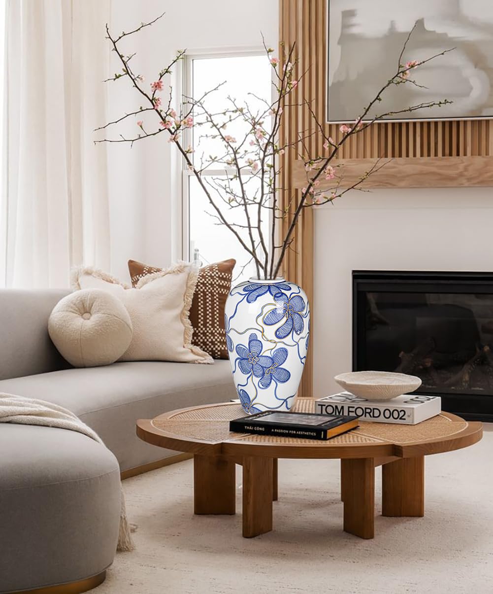 Keramikvase Blau-Weiß mit Goldverzierung – Handbemalte Blumenvase im asiatischen Stil – Chinoiserie Wohnaccessoire Höhe 27,5cm – Ideal für Trockenblumen, Deko oder Geschenk
