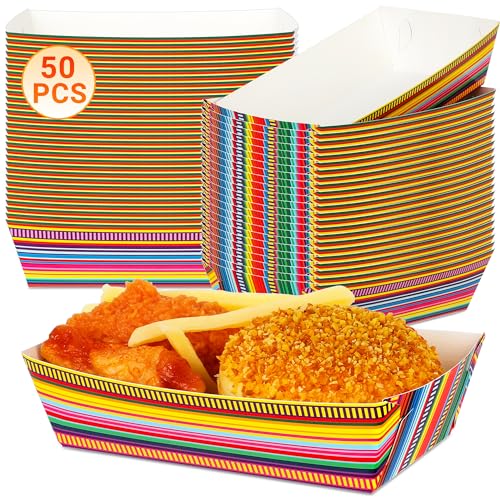 50 PCS Cinco De Mayo Decorations, Large Capacity Fiesta Plates, Serape Pattern Cinco De Mayo Paper Trays Mexican Food Trays Fiesta Hot Dog Trays, Disposable Mexican Theme Party Decorations