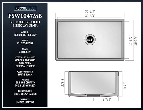 Miniatura 6 de FSW1047AC LUX Fregadero de granja de arcilla de fuego sólido de 33 pulgadas, gris mate, acceso de cobre antiguo, frontal con flúor