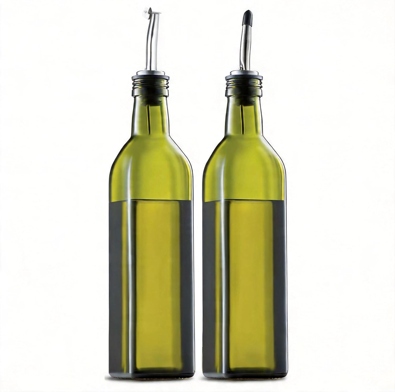 Olive Oil Dispenser Bottle 2 Pack, 17oz Glass Cruet with Stainless Steel Spout, Green, 500ml Large Capacity, Easy to Clean