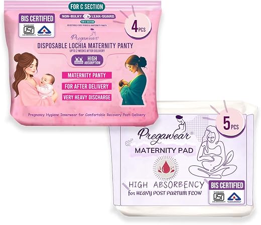 Pregawear Lochia Maternity Panty for C Section (4) &amp; Maternity Pad (5) Combo | Ultra-Absorbent, Leak-Proof, Rash-Free | Od...