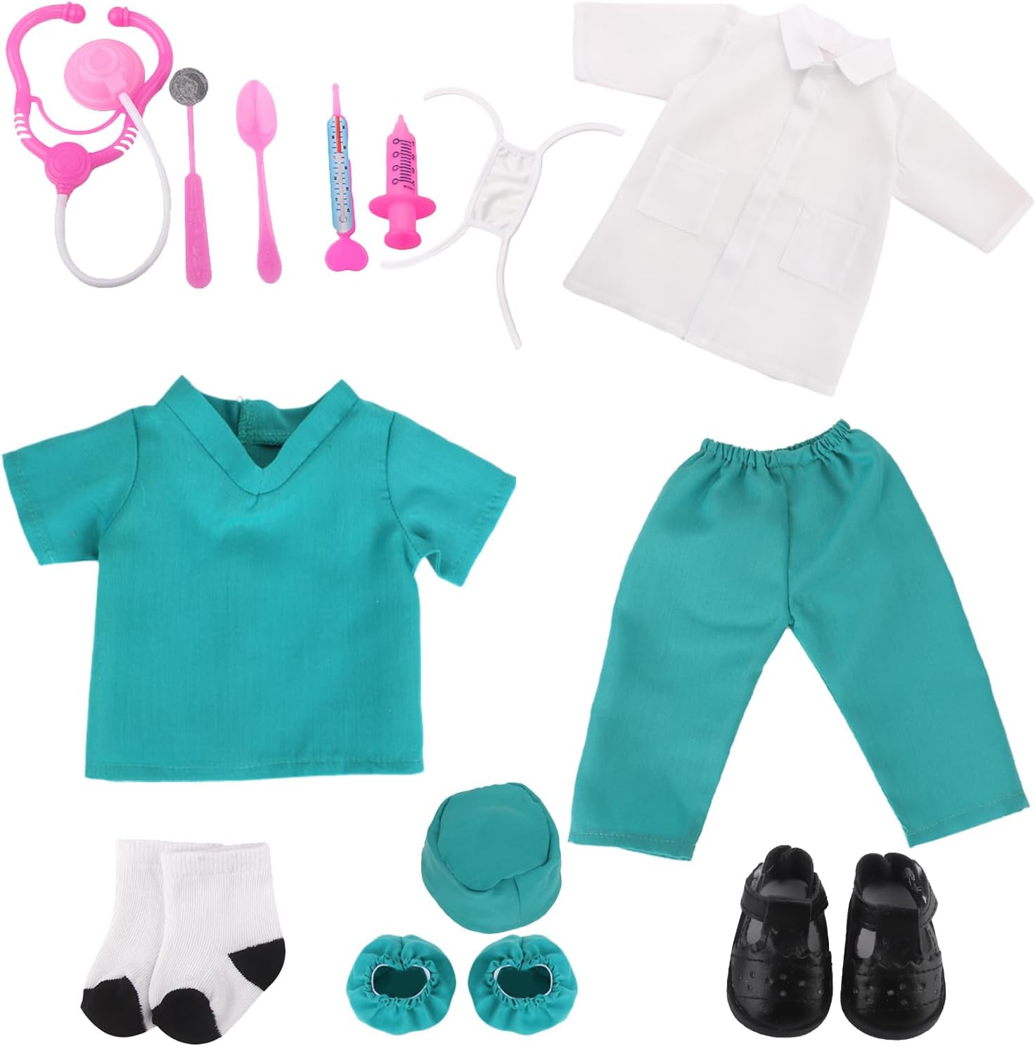 MSYO 18-Inch Doll Doctor Playset-Pretend Play Medical Kit with White Coat,Scrubs & Surgical Tools,STEM Roleplay Costume for Kids Ages 3-12,Fits Most 18-Inch Girl & Boy Dolls(Green)