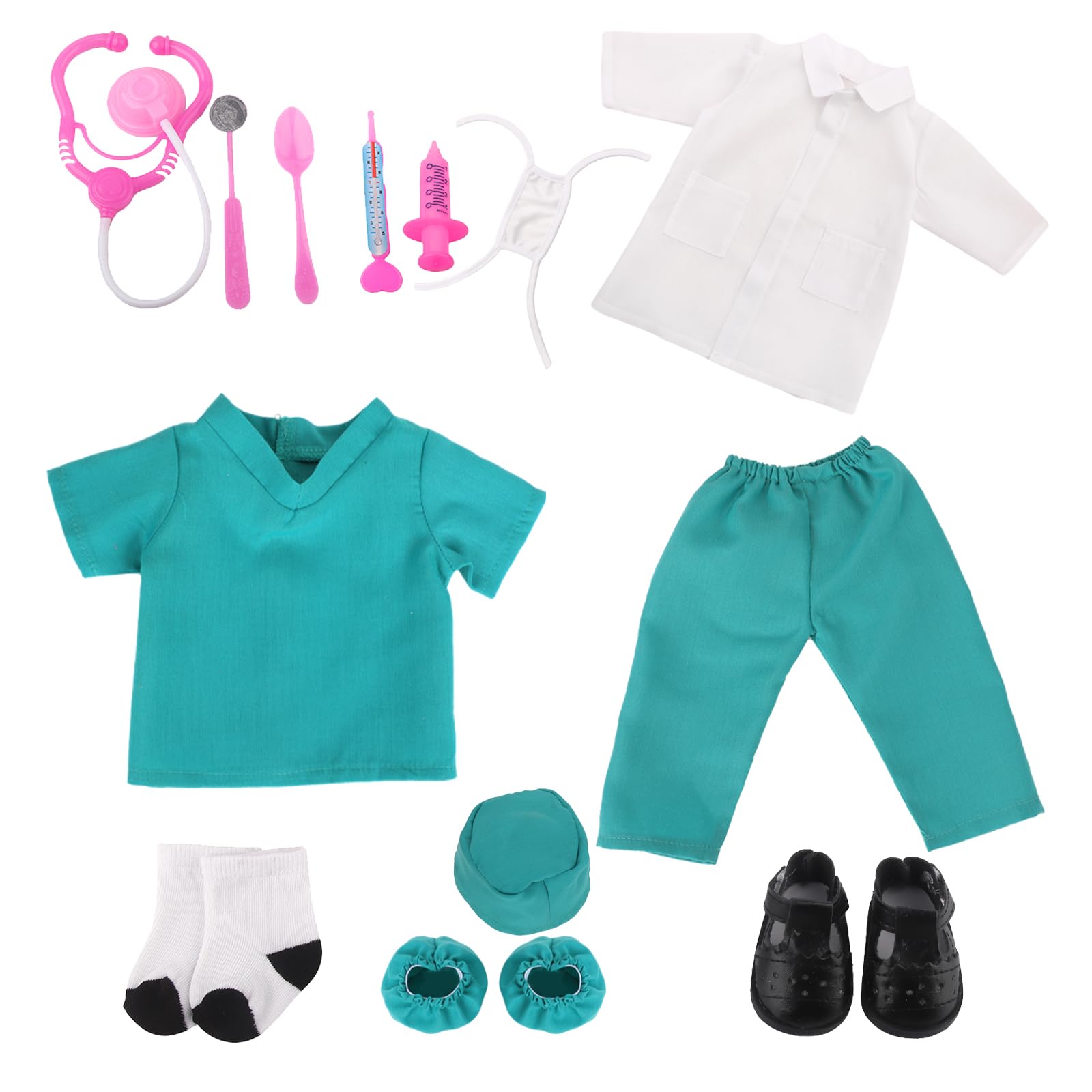 MSYO 18-Inch Doll Doctor Playset-Pretend Play Medical Kit with White Coat,Scrubs & Surgical Tools,STEM Roleplay Costume for Kids Ages 3-12,Fits Most 18-Inch Girl & Boy Dolls(Green)