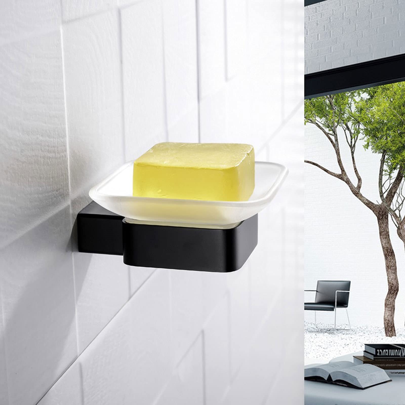 Jabonera cuadrada de acero inoxidable con plato de vidrio, montaje en pared, accesorios de baño