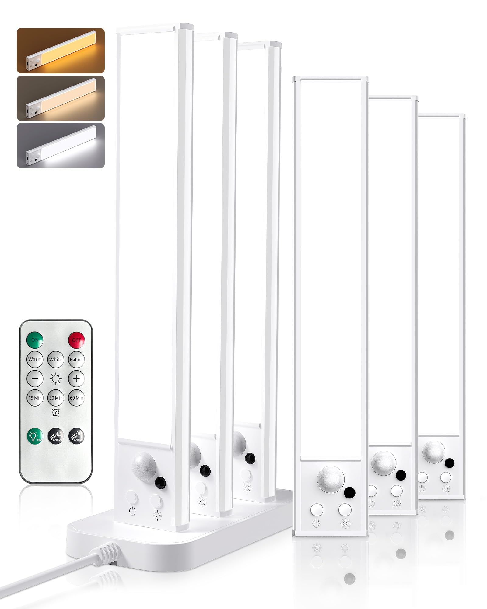 Lampe LED Rechargeable, 6pcs Réglette LED avec Station de Chargement, Lumière Détecteur de Mouvement Intérieur, Fonction Minuterie, Lampe Placard Adaptée Placard, Couloir