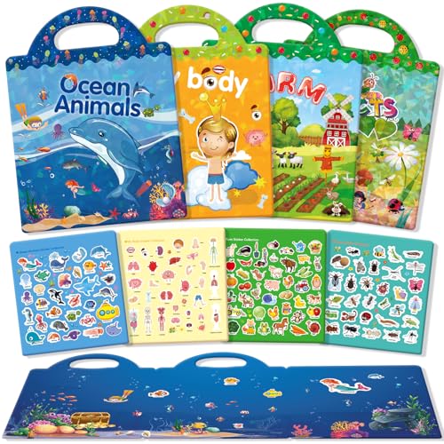 GUYUCOM Embalagem de 4 livros de autocolantes reutilizáveis, brinquedos para crianças de 2, 3, 4 anos, autocolantes 3D transparentes para quinta de insetos oceânicos, brinquedo educativo, presentes de