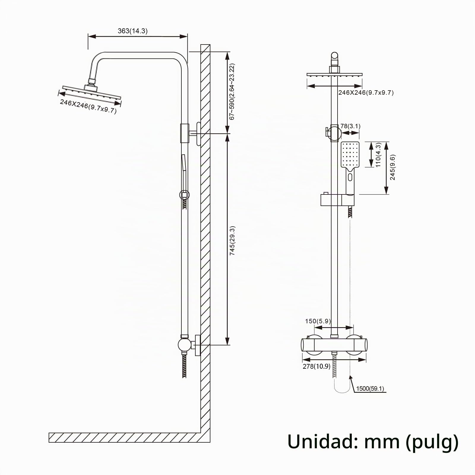 BONADE Columna Ducha Termostatica, Duchas de Baño Columna Barra Altura Ajustable 81mm - 1175mm, Columna Ducha con Grifo, Ducha Termostatica, Conjunto Ducha con Teleducha de lluvia de 10 pulgadas