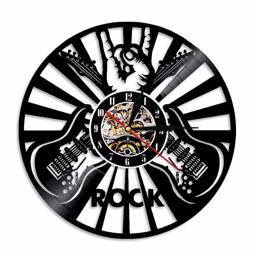 Musica rock Chitarra Design moderno Decorazioni per la casa Doppia chitarra Orologio da parete in vinile Orologio da parete Orologio da parete con luce a LED Regalo musicista rock Dia 30cm 7 colori
