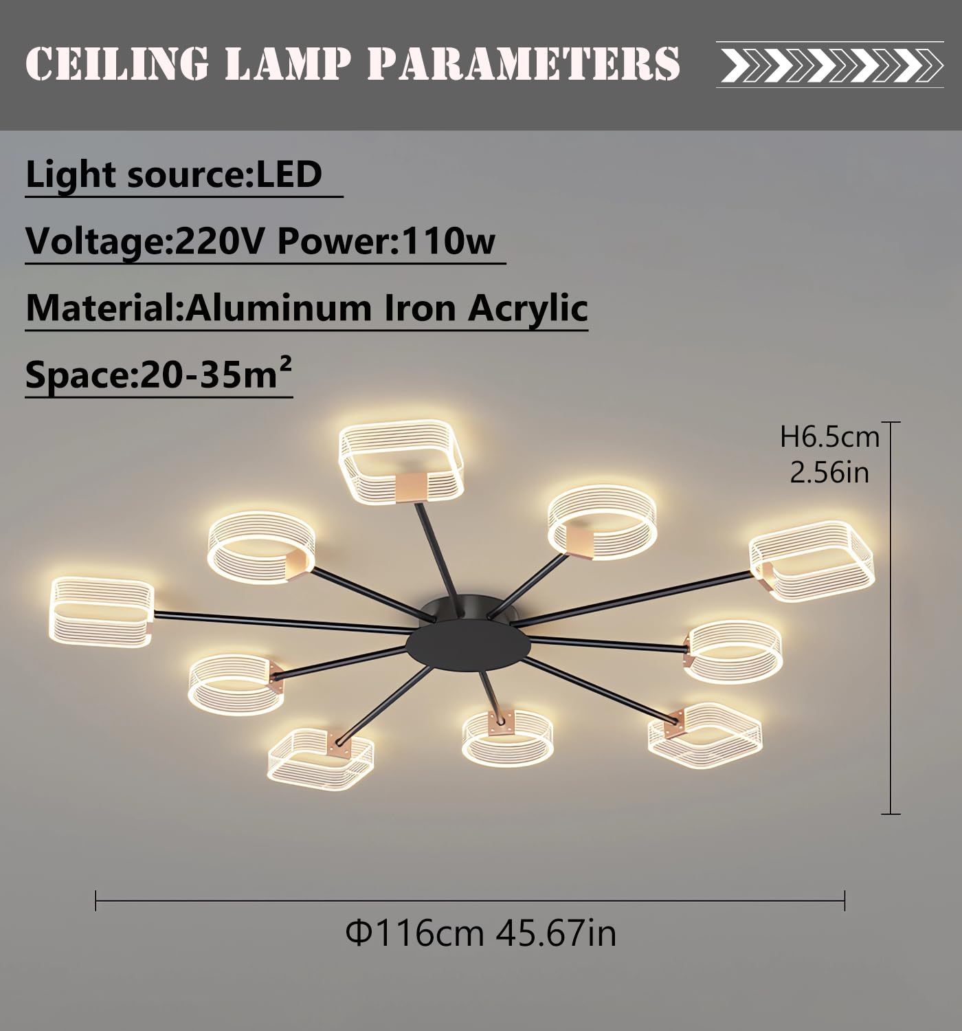 Moderne LED-Deckenleuchte Wohnzimmer Dimmbare Deckenbeleuchtung 10 Kopf Acryl Deckenleuchten mit Fernbedienung Büro Deckenlampe für Esszimmer Schlafzimmer Küche Kronleuchter (Schwarz 10 Köpfe Φ116cm)