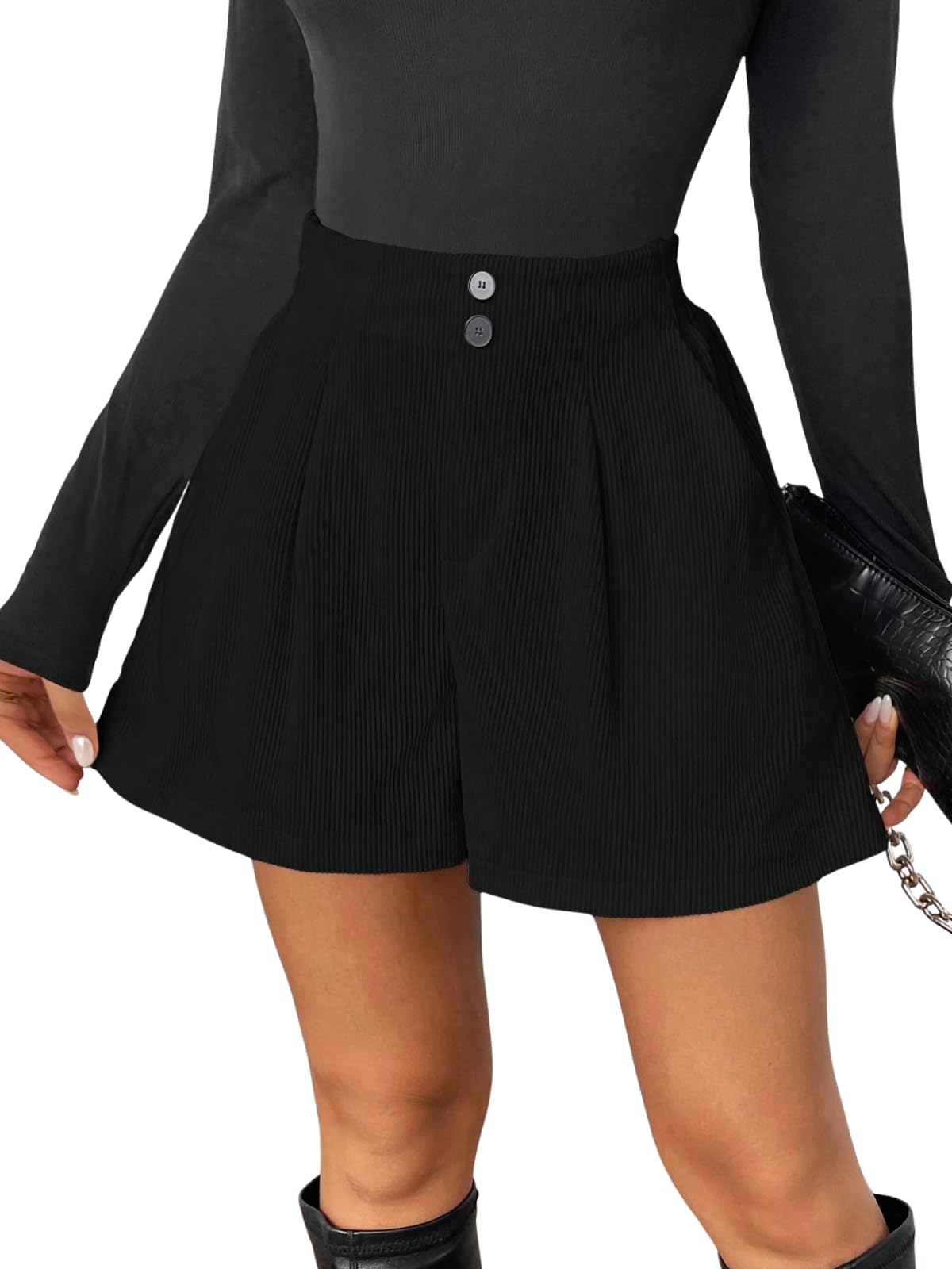 Ketch Women's High Waist Tailored Shorts | Ribbed Poly Lycra Blend Summer Shorts with Pockets & Button Closure | Elegant Folded Hem Casual Wear for College, Brunch & Daily Outings in neutral