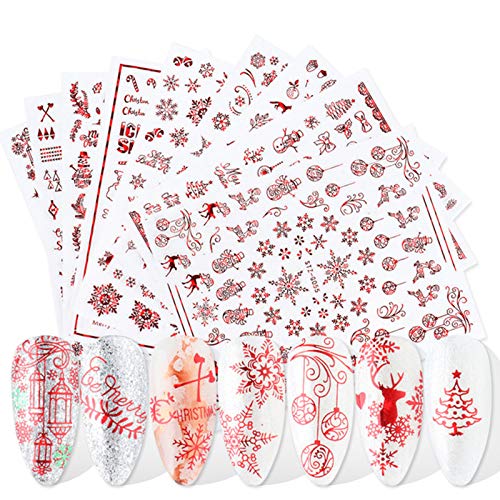 3D Christmas Nail Art Stickers Laser Red Snowflakes Nail Decals for Nail Arts Bronzing Xmas New Year Nail Supply Self Adhesive Winter Nail Decoration Kits for Women Kids Nail Foils Nail Art (9 Sheets)