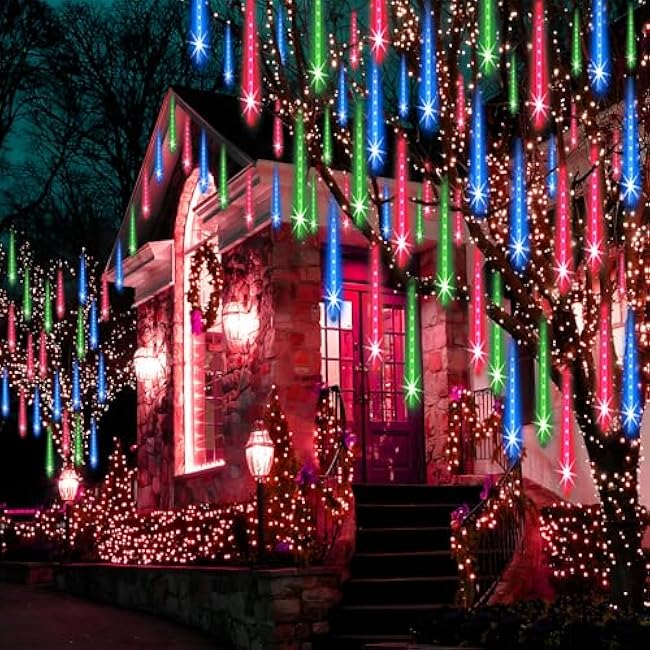 Christmas Lights Outdoor Tree Cascading Icicle Lights 12 inch 8 Tubes Shooting Star Waterfall Meteor Shower Falling Rain Light for Holiday Decorations Wedding Party New Year (Multi Color)