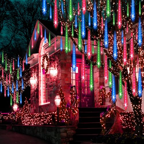 Adecorty Christmas Lights Outdoor Tree Cascading Icicle Light 8 Tubes 192LED Shooting Star Waterfall...