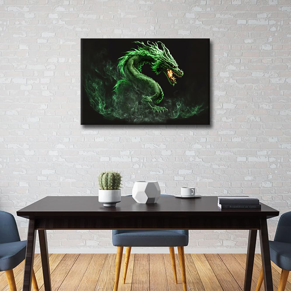 TISHIRON Canvas Wall Art for Bedroom Firedragon Wall Art for Living Room Green Dragon Wall Art Decor Medieval Fantasy Modern Artwork for Home Walls Giclee Framed Ready to Hang 24x16in - Image 2